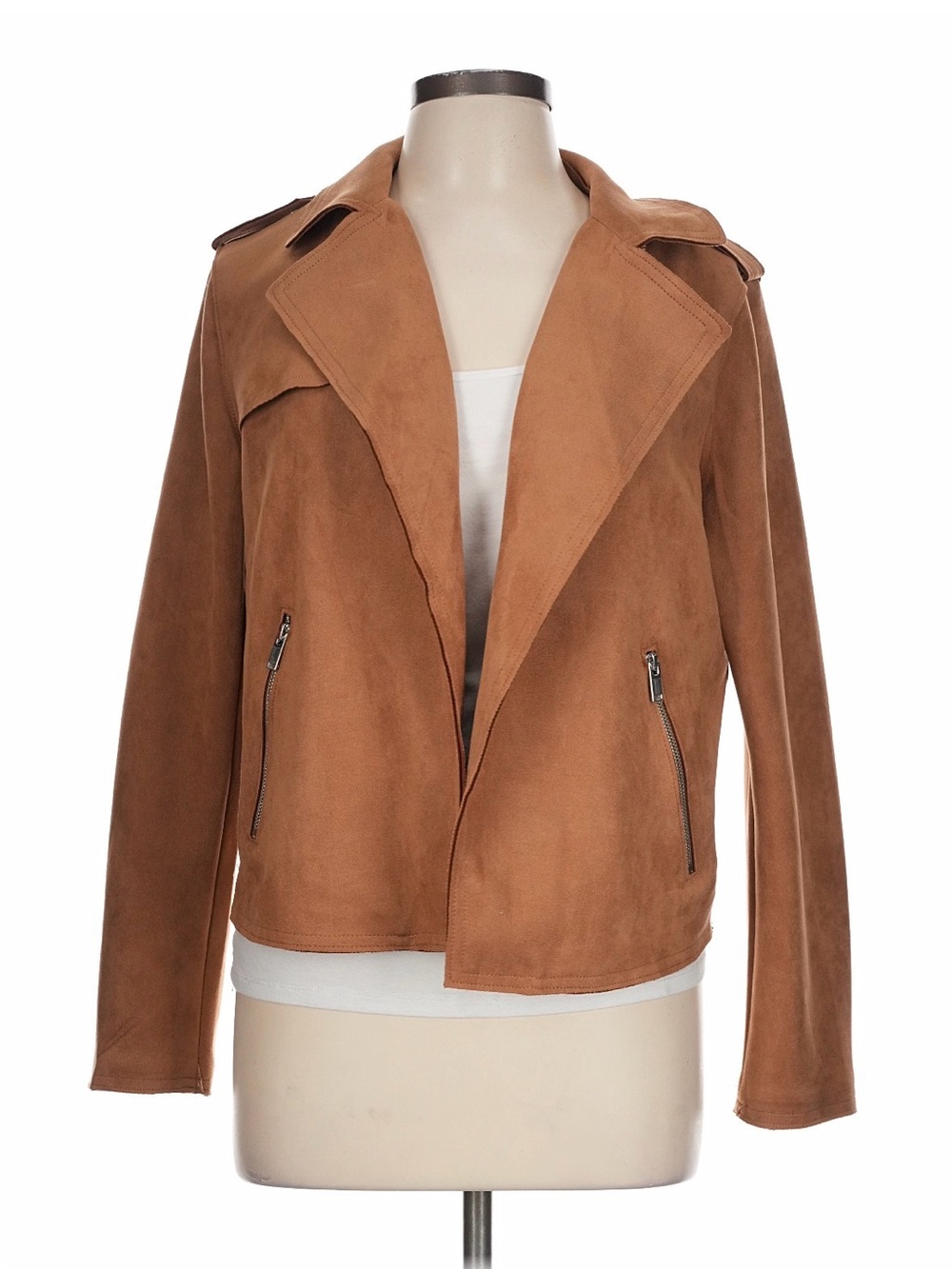 T Tahari Women's Faux Suede Moto Jacket - Camel Brown Excellent Size L